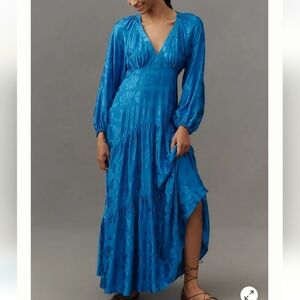 Farm Rio Long-Sleeve V-Neck Jacquard Maxi Dress,Seashell Sky,Size PM,$248.00USD